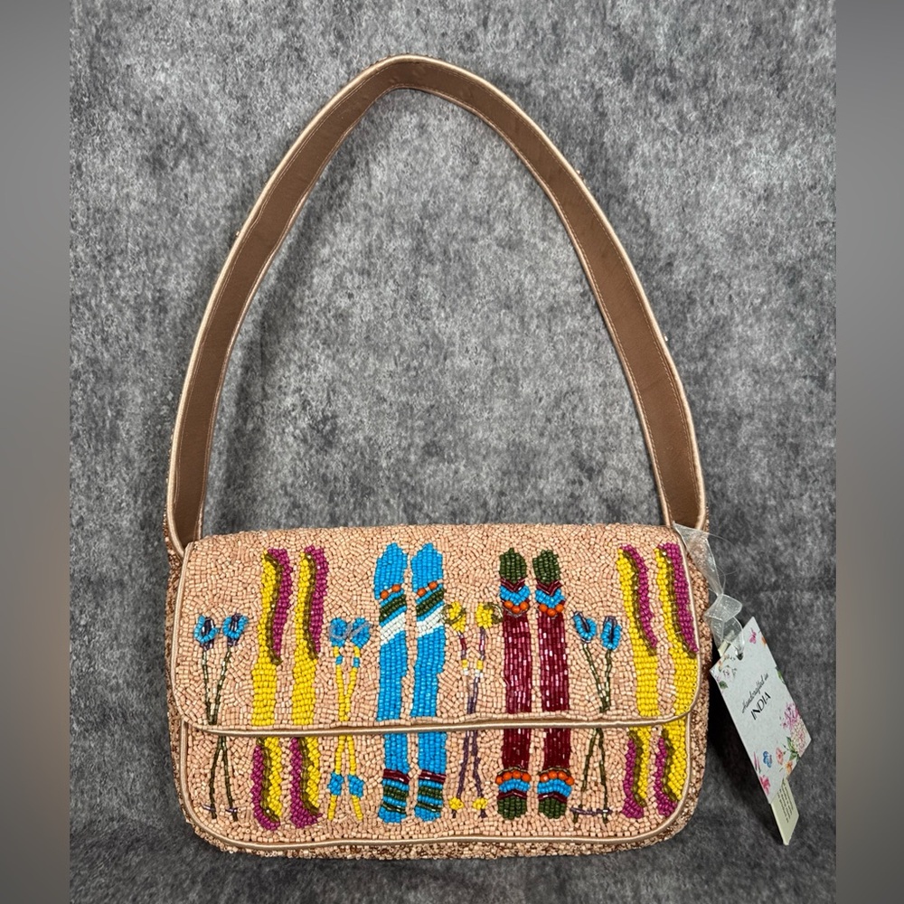 Handcrafted in India peach ski  beaded clutch purse bag NWT